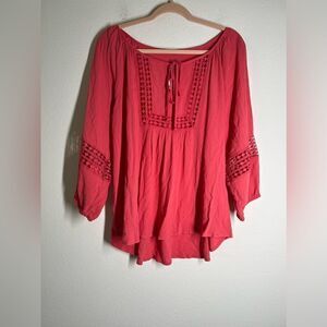NWT Pink Petal Bohemian Coral Embroidered Top Balloon Sleeve Size L